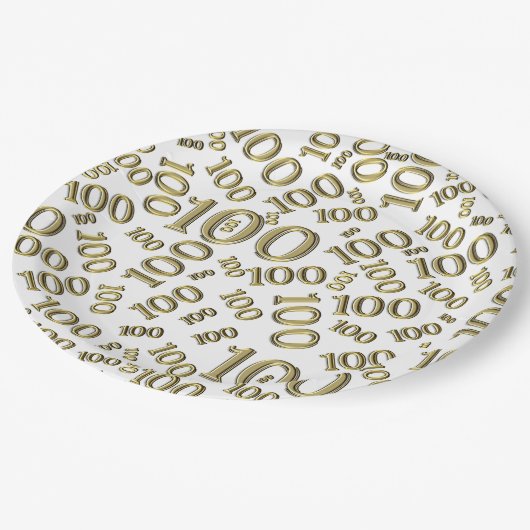 Gold/White 100th Birthday Party Number Pattern Papieren Bordje (Gekanteld)