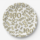 Gold/White 100th Birthday Party Number Pattern Papieren Bordje (Voorkant)