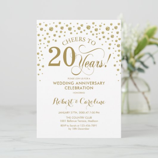 Gold White 20ste Jubileum Uitnodiging (Staand voorkant)