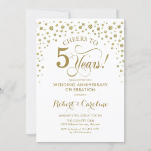 Gold White 5th Jubileum Celebration Invitation Kaart