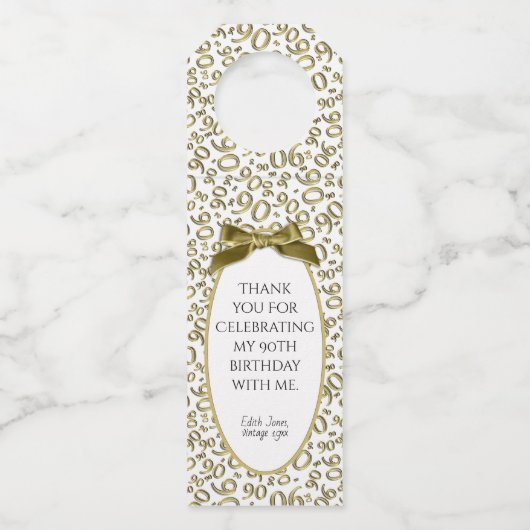 Gold/White 90th Birthday Party Flessenhanger (Voorkant)
