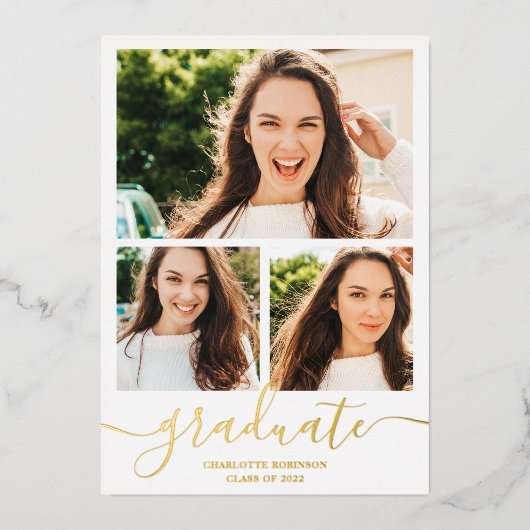 Gold white afstuderen script 3 foto's afstuderen folie uitnodiging (Voorkant)