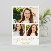 Gold white afstuderen script 3 foto's afstuderen folie uitnodiging (Staand Voorkant)