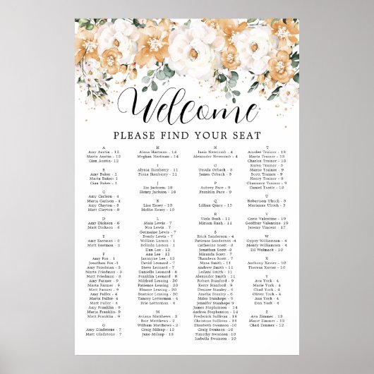 Gold White Alfabetical Quinceanera Seating Chart Poster (Voorkant)