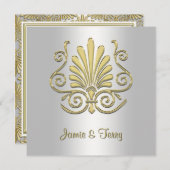 Gold White Art Deco Damask Wedding Invite 2 Kaart (Voorkant / Achterkant)