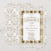 Gold White Art Deco Gatsby 20s 50th Birthday Party Kaart (Voorkant / Achterkant)