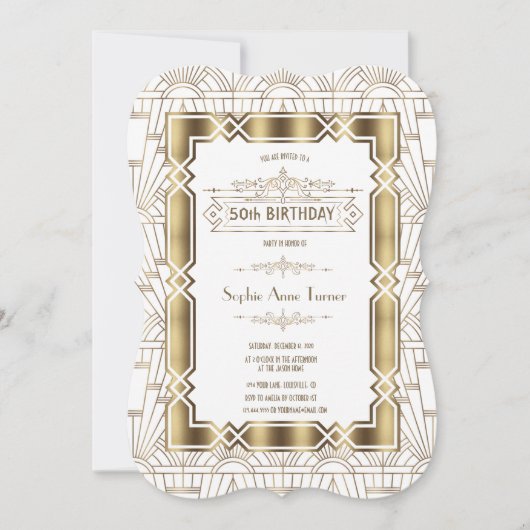 Gold White Art Deco Gatsby 20s 50th Birthday Party Kaart (Voorkant)