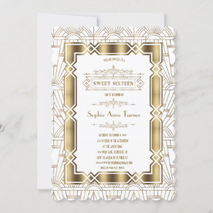 Gold White Art Deco Gatsby 20s Style Sweet 16 Kaart