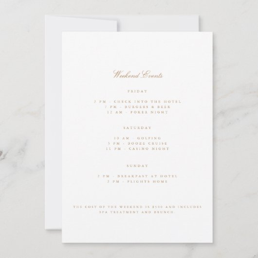 Gold & White Bachelor Weekend Invitation Kaart (Achterkant)