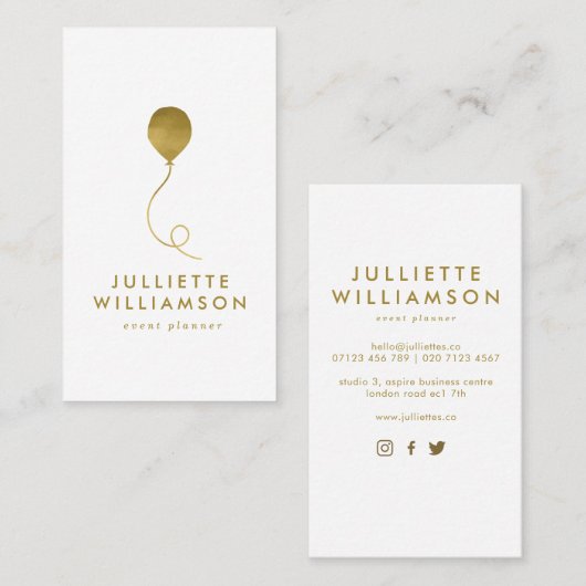 Gold & White ballon Event Planner Social Media Visitekaartje (Voorkant / Achterkant)