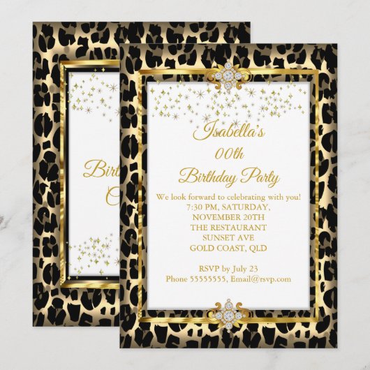 Gold White Black Animal Print Birthday party Kaart (Voorkant / Achterkant)