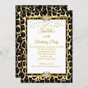 Gold White Black Animal Print Birthday party Kaart