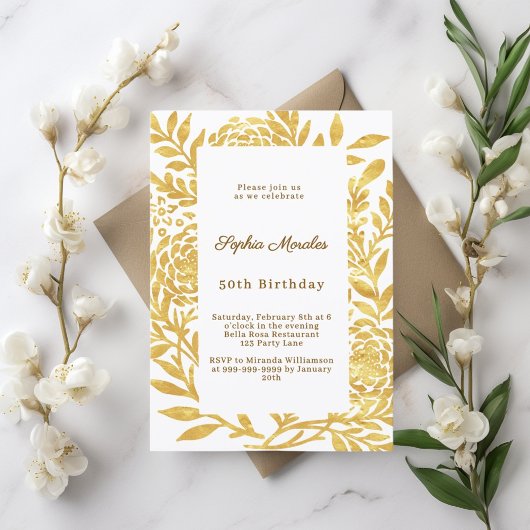 Gold white botanical birthday kaart