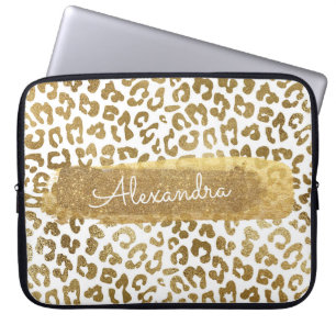Gold & White Cheetah Print met Gold Glitter Laptop Sleeve