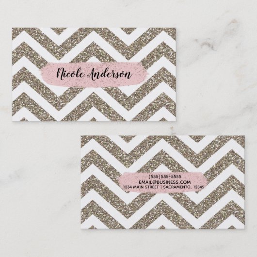Gold White Chevron Pink Glitter Modern Brush Glam Visitekaartje (Voorkant / Achterkant)