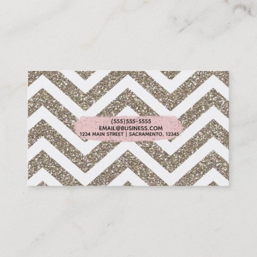 Gold White Chevron Pink Glitter Modern Brush Glam Visitekaartje (Achterkant)