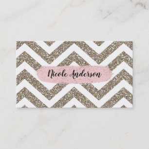 Gold White Chevron Pink Glitter Modern Brush Glam Visitekaartje
