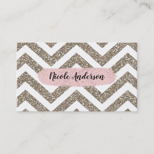 Gold White Chevron Pink Glitter Modern Brush Glam Visitekaartje (Voorkant)