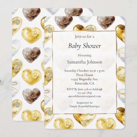 Gold White Chocolate Hearts Baby Shower Kaart (Voorkant / Achterkant)