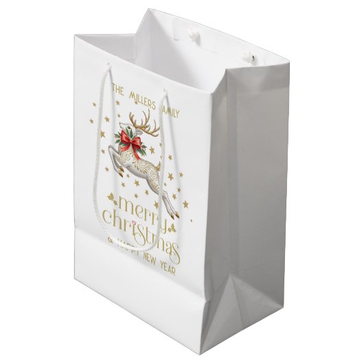 Gold White Christmas Reindeer Medium Cadeauzakje (Voorkant Gekanteld)