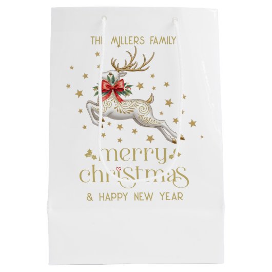 Gold White Christmas Reindeer Medium Cadeauzakje (Achterkant)