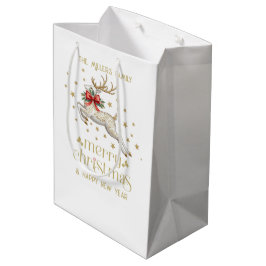 Gold White Christmas Reindeer Medium Cadeauzakje