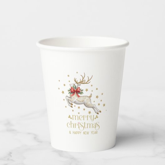 Gold White Christmas Reindeer Papieren Bekers (Achterkant)