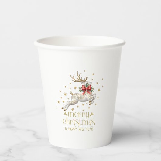 Gold White Christmas Reindeer Papieren Bekers (Voorkant)