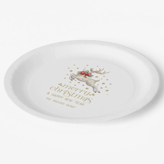 Gold White Christmas Reindeer Papieren Bordje (Gekanteld)