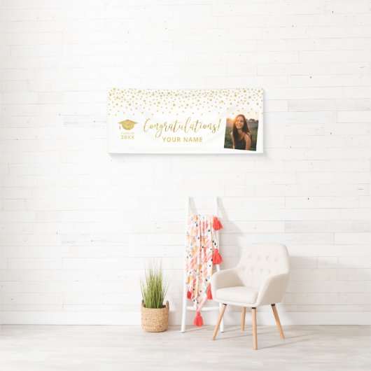 Gold & White Confetti - Gefeliciteerd Afstuderen Spandoek (Insitu)
