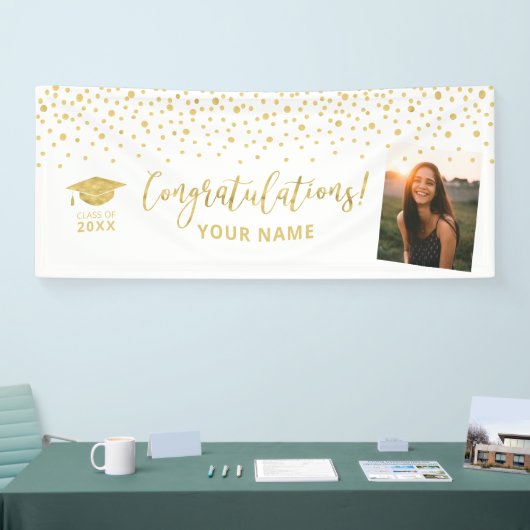 Gold & White Confetti - Gefeliciteerd Afstuderen Spandoek (Beurs)