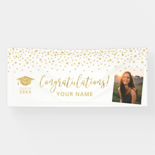 Gold & White Confetti - Gefeliciteerd Afstuderen Spandoek (Horizontaal)