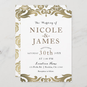 Gold & White Damask Chic Elegant Minimal Wedding Kaart