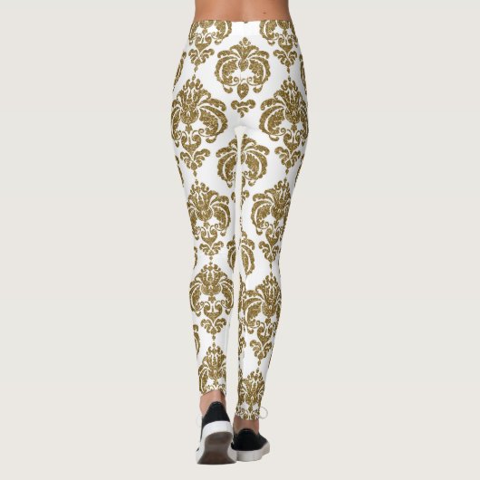 Gold & White Damask Chic Modern Elegant Patroon Leggings (Achterkant)