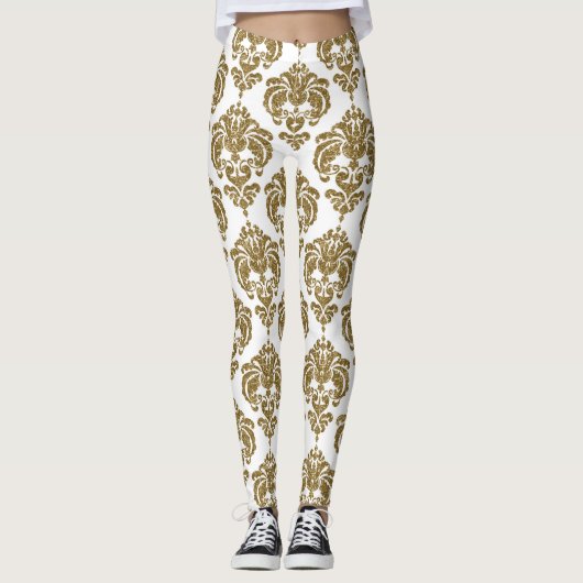 Gold & White Damask Chic Modern Elegant Patroon Leggings (Voorkant)