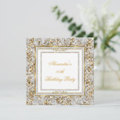  Gold White Damask Diamond Birthday Party Kaart (Staand voorkant)