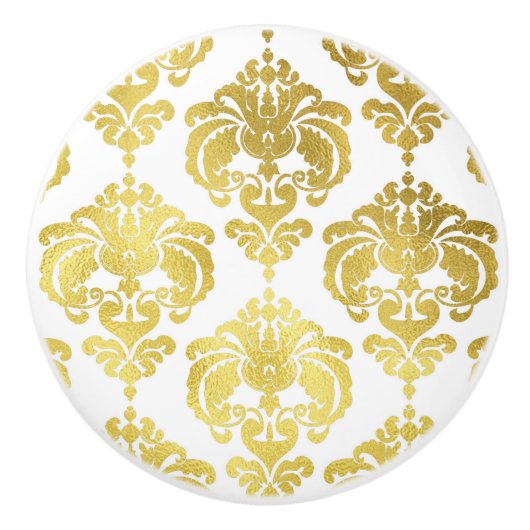 Gold & White Damask Elegant Bedroom Dresser Keramische Knop (Voorkant)