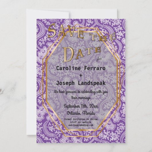Gold & White Damask Flowers Paars Save the Date (Voorkant)