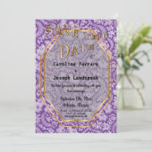 Gold & White Damask Flowers Paars Save the Date (Staand voorkant)