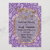 Gold & White Damask Flowers Paars Save the Date (Voorkant / Achterkant)