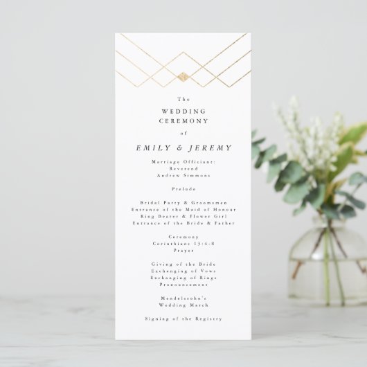 Gold White Elegance Diamond Geo Deco Wedding Programmakaart (Staand voorkant)