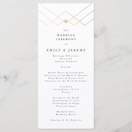Gold White Elegance Diamond Geo Deco Wedding Programmakaart (Voorkant)