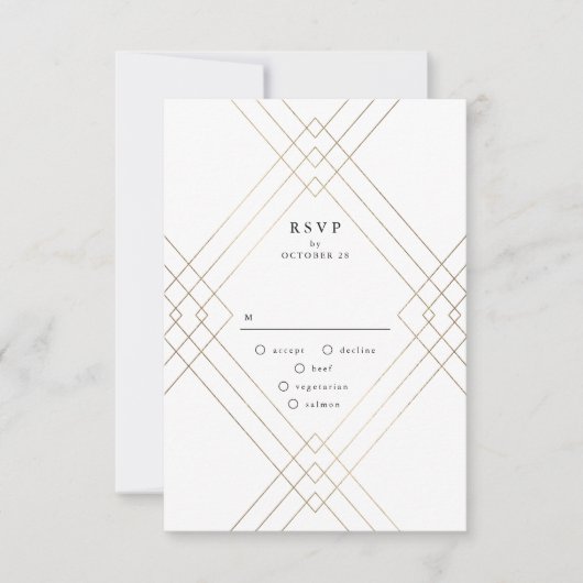 Gold White Elegance Diamond Geo Deco Wedding RSVP Kaartje (Voorkant)