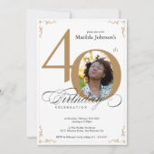 Gold White Elegant Calligraphy Foto 40th Birthday Kaart (Voorkant)