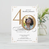 Gold White Elegant Calligraphy Foto 40th Birthday Kaart (Staand voorkant)
