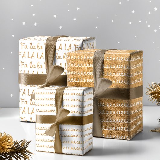 Gold & White Elegant Fa La Typographic Kerstmis Inpakpapier Vel