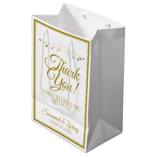 Gold & White Elegant Flourish Weddenschap Hartelij Medium Cadeauzakje (Voorkant Gekanteld)