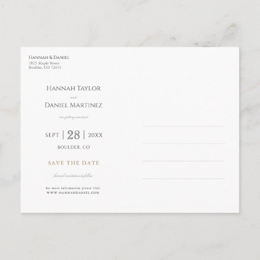 Gold White Elegant Modern Minimalist Save the Date Aankondigingskaart (Achterkant)