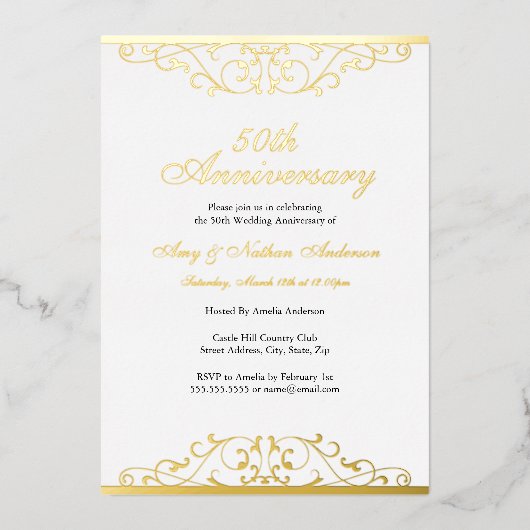 Gold White Elegant Swirl 50th Wedding Anniversary Folie Uitnodiging (Voorkant)