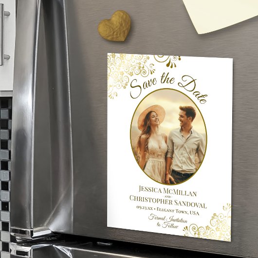 Gold & White Elegant Wedding Save Date Oval Photo Magnetische Uitnodiging